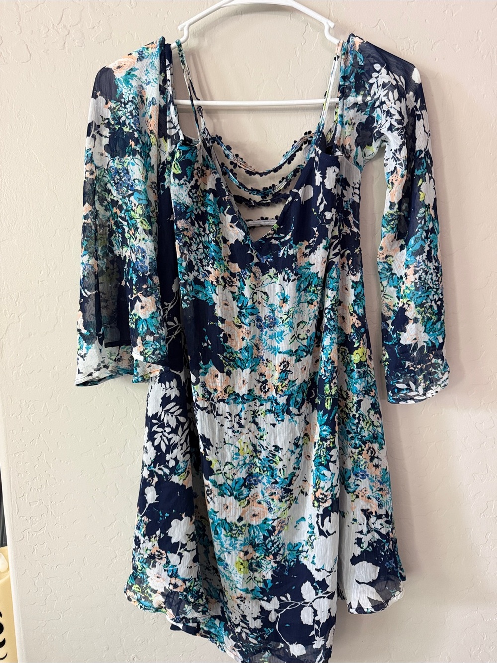 love, Fire Navy Floral Mini Dress with Teal and Cream Accents